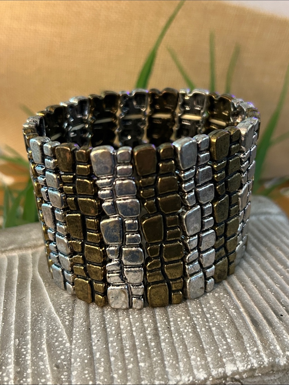 Wide Two-Tone Metallic Stretch Bracelet - Silver & Antique Gold